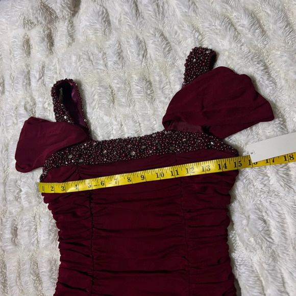 BADGLEY MISHKA Wine Red Rutched Bodycon Dress - Picture 14 of 14